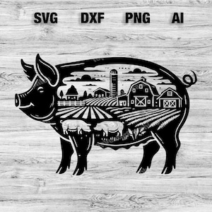 Pig Farm Scene Cut File | Cute Pig Animal Graphic Wall Art Silhouette, Cameo, Cricut SVG, PNG, Dxf, Ai Cut Files, Instant Download