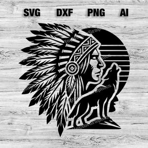 Escena de lobo indio SVG / Nativo americano svg, Lobo Svg, Silueta, Cameo, Cricut SVG, PNG, Dxf, Ai, Descarga instantánea Lista para láser