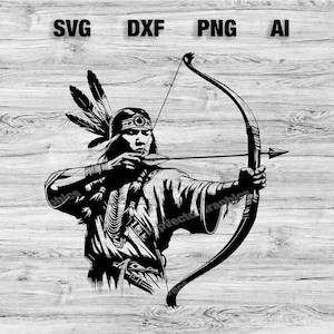 Puede incluir: Ilustración en blanco y negro de un nativo americano con un tocado de plumas sosteniendo un arco y una flecha.