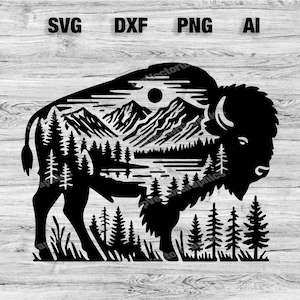 Buffalo Mountain Scene Cut File | Outdoor Bison Vector Graphic Silhouette, Cameo, Cricut SVG, PNG, Dxf, Ai Cut Files, Instant Download