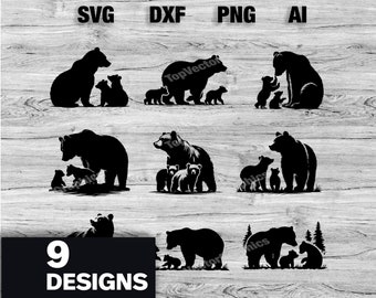 9 Mama Bear and Cubs Cut Files | Mama Bear and Cubs Vector Graphic Silhouette, Cameo, Cricut SVG, PNG, Dxf, Ai, Instant Download Bundle