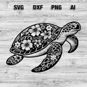 May include: Black and white silhouette of a sea turtle with floral designs on its shell. The turtle is facing right and has a detailed design.