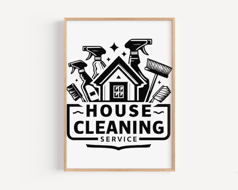 May include: Black and white illustration of a house with cleaning supplies, including brooms, brushes, and spray bottles. The text "HOUSE CLEANING SERVICE" is below the house.