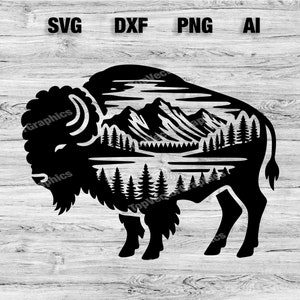 Buffalo Mountain Scene Cut File | Outdoor Bison Vector Graphic Silhouette, Cameo, Cricut SVG, PNG, Dxf, Ai Cut Files, Instant Download