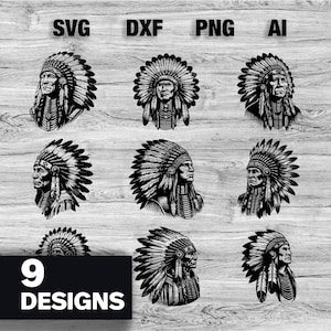 May include: Nine black and white digital illustrations of Native American chiefs wearing headdresses. The illustrations are on a woodgrain background. The text "9 DESIGNS" is at the bottom of the image.