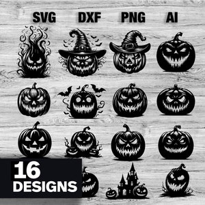 May include: A set of 16 black and white Halloween pumpkin designs. The designs include pumpkins with different facial expressions, a pumpkin with a witch's hat, and a pumpkin with flames. The text "16 DESIGNS" is at the bottom of the image.