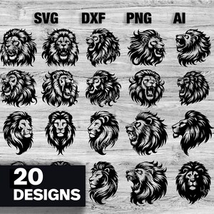 May include: A set of 20 black and white lion head designs in various poses. The designs are perfect for crafting projects, such as cutting, etching, or printing.