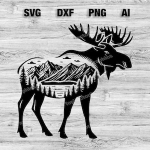 Moose Mountain Scene Cut File | Outdoor Moose Graphic Wall Art Silhouette, Cameo, Cricut SVG, PNG, Dxf, Ai Cut Files, Instant Download