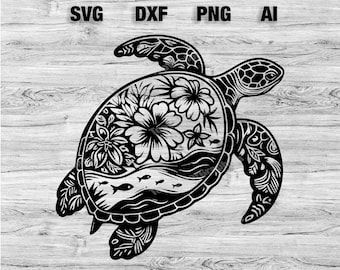 Sea Turtle Floral Beach Pattern Cut Files | Beach Turtle Vector Silhouette, Cameo, Cricut SVG, PNG, Dxf, Ai, Instant Download Laser Ready