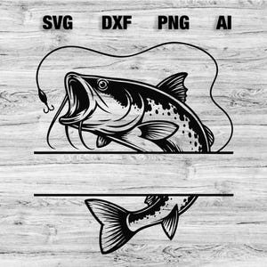 May include: A black and white graphic design featuring a fish with an open mouth and a fishing line with a hook. The design includes a horizontal split space for text and the labels SVG, DXF, PNG, and AI are printed at the top of the image.