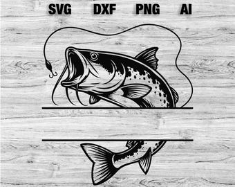 Catfish Split Monogram SVG, Catfish Fishing Monogram Frame SVG, Fisherman Cricut Cut File, Fishing PNG Bundle