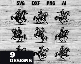 9 Western Cowboy Cut Files | Cowboy Riding Horse Vector Graphic Silhouette, Cameo, Cricut SVG, PNG, Dxf, Ai, Instant Download Bundle Laser