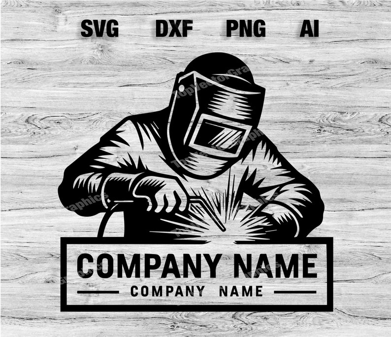 Op de afbeelding: Zwart-witte illustratie van een lasser die een lasmasker draagt en een stuk metaal last. De afbeelding bevat de tekst "COMPANY NAME" onder de lasser.