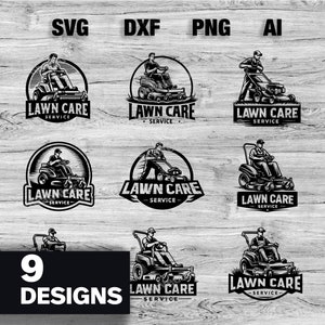 May include: Nine black and white vector illustrations of lawn care service logos. Each logo features a person operating a lawnmower with the text "LAWN CARE SERVICE" underneath.