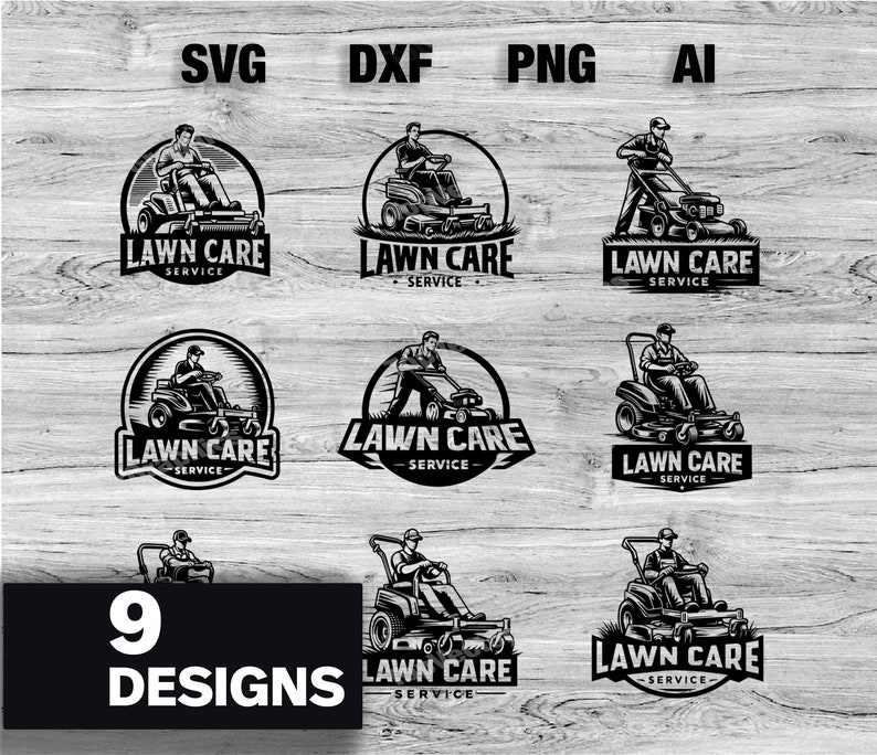 May include: Nine black and white vector illustrations of lawn care service logos. Each logo features a person operating a lawnmower with the text "LAWN CARE SERVICE" underneath.