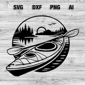 May include: Black and white silhouette of a kayak with a paddle, set against a scenic backdrop of a lake, trees, and a sunset. The image is in a circle shape.