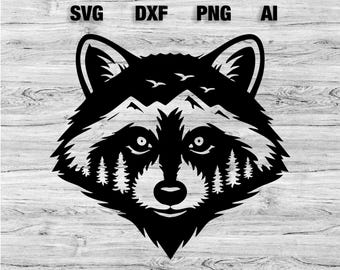 Raccoon Mountain Scene SVG | Raccoon Svg Vector Graphic Wall Art Silhouette, Cameo, Cricut SVG, PNG, Dxf, Ai Cut Files, Instant Download