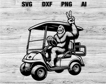Bigfoot Riding Golf Cart Cut Files | Bigfoot Golfing Vector Silhouette, Cameo, Cricut SVG, PNG, Dxf, Ai, Instant Download Laser Ready