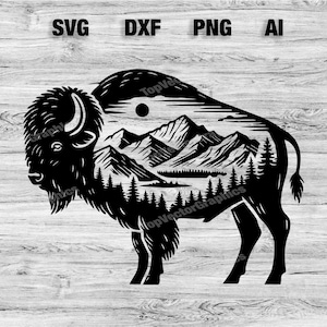 Buffalo Mountain Scene Cut File | Outdoor Bison Vector Graphic Silhouette, Cameo, Cricut SVG, PNG, Dxf, Ai Cut Files, Instant Download