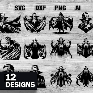 12 Dracula Cut Files | Scary Vampire Vector Graphic Silhouette, Cameo, Cricut SVG, PNG, Dxf, Ai Cut Files, Instant Download Bundle Pack