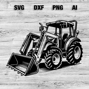 Op de afbeelding: Zwart-witte illustratie van een tractor met een bak. De tractor heeft een groot voorwiel en een kleiner achterwiel. De bak is omhoog gehesen.