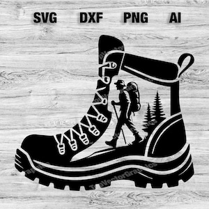 May include: Black silhouette of a hiking boot with a hiker inside. The hiker is wearing a backpack and carrying a walking stick. The boot is on a woodgrain background.