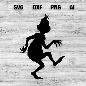 Pode incluir: Silhueta preta de um personagem de desenho animado em uma pose dinâmica, com os braços estendidos e uma perna levantada. O personagem tem uma forma de cabeça distinta e está em um fundo claro de grão de madeira. Inclui o texto "SVG DXF PNG AI".