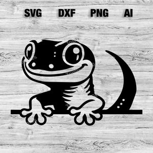 May include: Black and white illustration of a gecko peeking over a crescent moon. The gecko has large eyes and a wide smile.