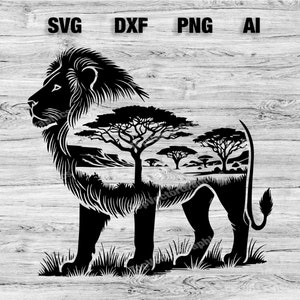 Lion Mountain Safari Scene File | Lion Vector Graphic Wall Art Silhouette, Cameo, Cricut SVG, PNG, Dxf, Ai Cut Files, Instant Download