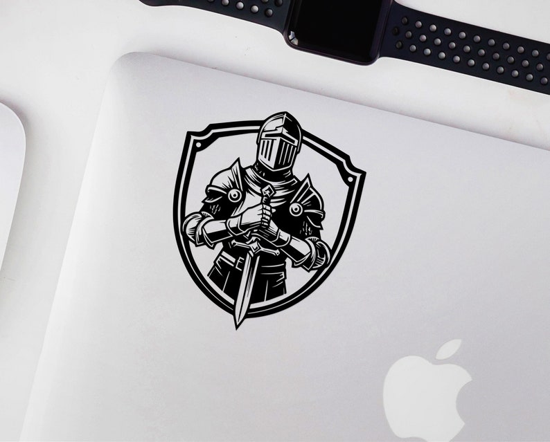 May include: Black and white illustration of a knight in armour holding a sword, standing inside a shield.