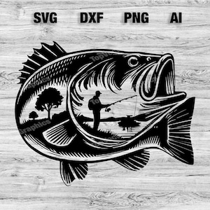 Peut inclure: Silhouette noire et blanche d'un poisson de basse avec un pêcheur lançant une ligne à l'intérieur de la bouche du poisson. Le pêcheur se tient sur une berge de rivière avec des arbres en arrière-plan.