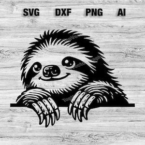 May include: Black and white illustration of a sloth peeking over a surface with a happy expression. The sloth has large eyes and a wide smile.