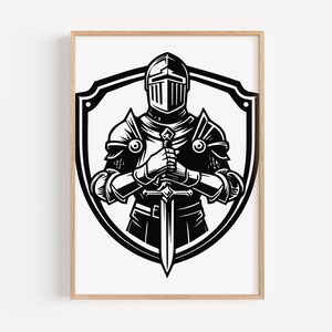 May include: Black and white illustration of a knight in armour holding a sword in front of a shield.