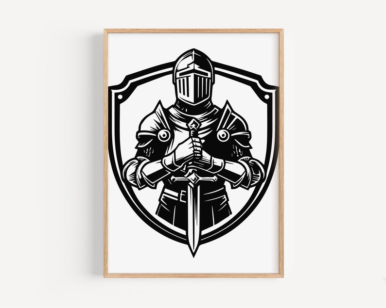 May include: Black and white illustration of a knight in armour holding a sword in front of a shield.