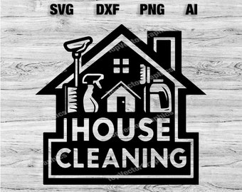 May include: Black and white silhouette of a house with cleaning supplies inside. The text "HOUSE CLEANING" is below the house.
