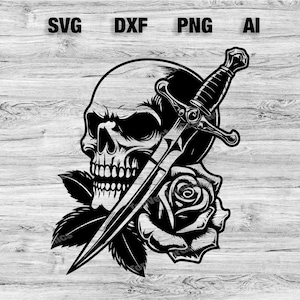 May include: Black and white illustration of a skull with a dagger piercing through it. A rose is behind the skull and dagger.