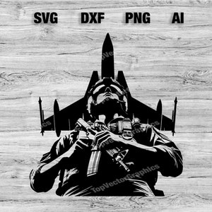 Könnte beinhalten: Schwarz-weiße Silhouette eines Piloten in einem Kampfjet, der ein Gewehr hält. Der Pilot blickt zum Himmel. Das Bild ist auf einem Holzmaserungshintergrund.