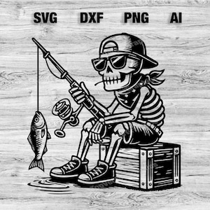 May include: A black and white illustration of a skeleton wearing a baseball cap and sunglasses, holding a fishing rod with a fish on the line. The skeleton is sitting on a wooden crate.