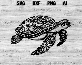Sea Turtle Floral Beach Pattern Cut Files | Beach Turtle Vector Silhouette, Cameo, Cricut SVG, PNG, Dxf, Ai, Instant Download Laser Ready