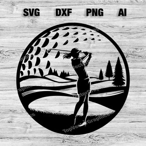 May include: Black and white silhouette of a golfer swinging a club on a golf course. The golfer is standing on a green with a golf ball in the background. The image is set within a circle.