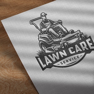 May include: Black and white illustration of a lawn care service logo. The logo features a person operating a riding lawnmower with the text "Lawn Care Service" in a circle.