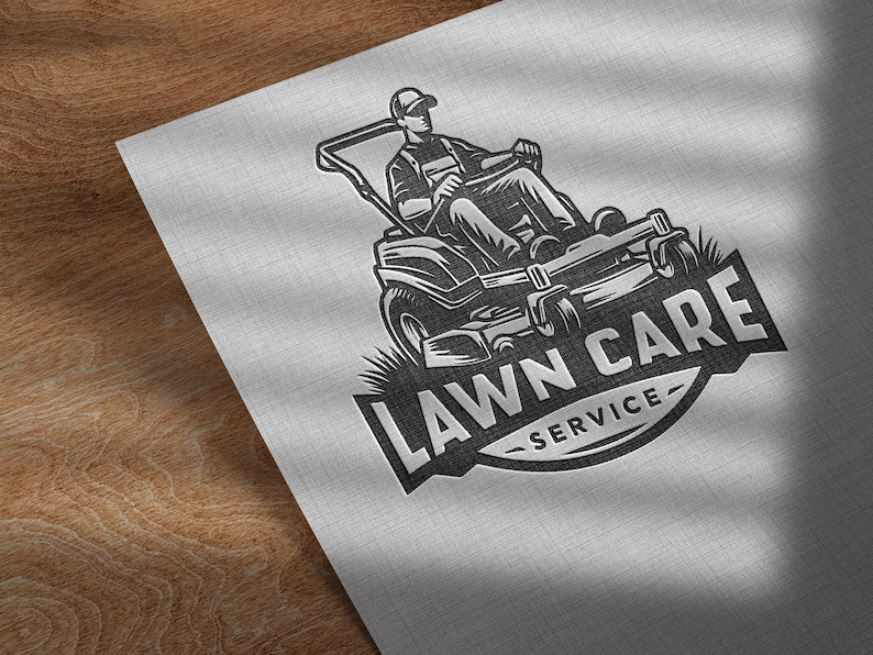 May include: Black and white illustration of a lawn care service logo. The logo features a person operating a riding lawnmower with the text "Lawn Care Service" in a circle.