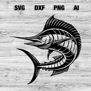 May include: Black and white silhouette of a marlin fish with a long, pointed bill and a dorsal fin. The fish is depicted in a leaping pose, with its tail raised high in the air.