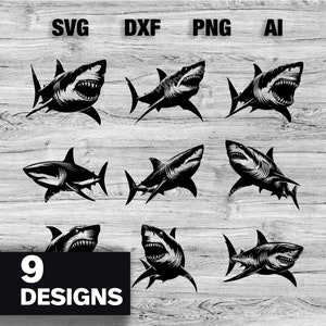 9 Great White Shark Cut Files | Shark bundle Vector Graphic Silhouette, Cameo, Cricut SVG, PNG, Dxf, Ai, Instant Download Bundle laser ready