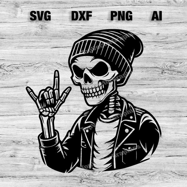 Punk Skeleton Rock and Roll Cut Files | Skater Skull Vector Silhouette, Cameo, Cricut SVG, PNG, Dxf, Ai, Instant Download Laser Ready