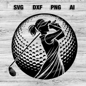 Kvinnlig golfsilhuett svg, golfspelare svg, golfdesign svg, golflogotyp, golfboll svg, golfklubba, SVG, PNG, Dxf, Ai, direktnedladdning