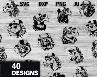 Mega Bundle Animal Mullet Trucker Hat 40 Files SVG, PNG, Dxf, Ai File Raccoon, Horse, Crow Silhouette, Cameo, Cricut Instant Download Laser