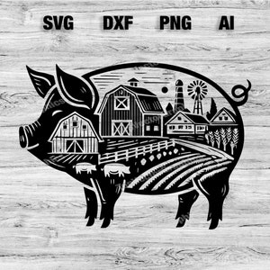 Pig Farm Scene Cut File | Cute Pig Animal Graphic Wall Art Silhouette, Cameo, Cricut SVG, PNG, Dxf, Ai Cut Files, Instant Download