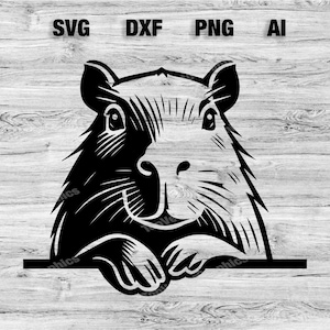May include: Black and white line art illustration of a capybara peeking over a surface. The capybara has a long snout and small ears.