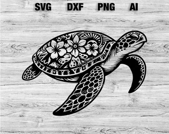 Sea Turtle Floral Beach Pattern Cut Files | Beach Turtle Vector Silhouette, Cameo, Cricut SVG, PNG, Dxf, Ai, Instant Download Laser Ready